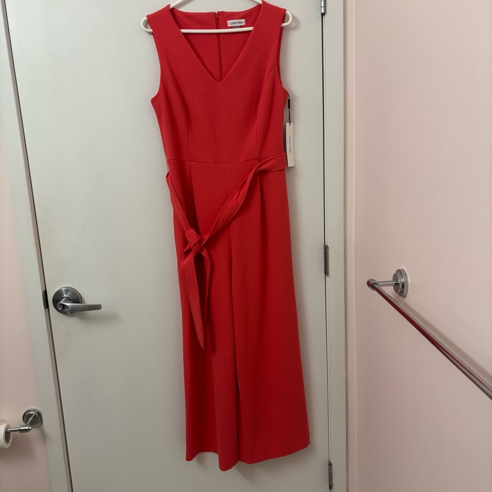 NWT- Calvin Klein Pink Sleeveless V-Neck Tie-Waist Jumpsuit